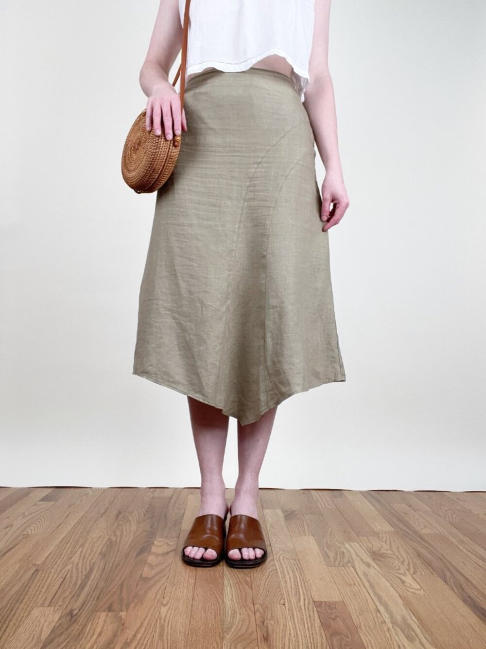 Vintage 90s Linen Midi Skirt Asymmetric High Waisted Minimalist Coastal 1990's - Picture 8 of 8